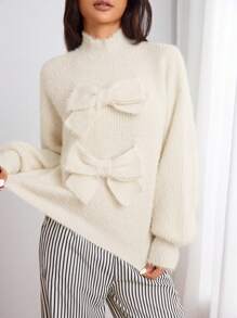 SHEIN Unity Suéter minimalista de mujer de unicolor con decoración de lazo y manga larga, para uso casual diario, jersey de punto para otoño e invierno - Beis - Ver 5