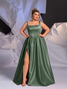 Glamrae Plus Size Elegant Simple Sophisticated Fitted Mermaid Waist Tie Back Asymmetrical Waistline Oversized Flared Dress With High Slit, Suitable For Graduation, Singles' Party, Wedding, Formal Events, Evening Gown, Prom Dress, For Wedding Guest, Dinner - Green - View 4