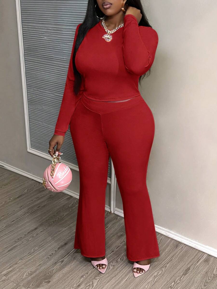 Slaydiva Übergröße Herbst/Winter Lotuswurzelrosa Lässiges, tailliertes, einfarbiges Set mit kurzem, langärmligem Oberteil und hoher Taille und langen Hosen