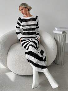 SHEIN Privé 女士优雅休闲黑白条纹透明圆领 A 字腰长款毛衣裙，适合夏秋季度假 - 黑與白 - 查看 8