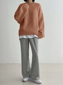 DAZY 秋冬休闲简约纯色落肩宽松针织毛衣 - 亮橙色 - 查看 3