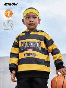 SHEIN Young Boy Outdoor Sports Winter Striped Contrast Color Thermal Lined Hoodie, Breathable & Soft For Running, Training - Yellow - View 1