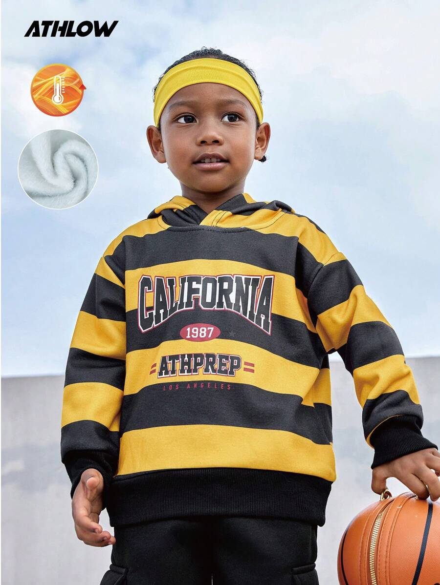 SHEIN Young Boy Outdoor Sports Winter Striped Contrast Color Thermal Lined Hoodie, Breathable & Soft For Running, Training - Yellow - View 1
