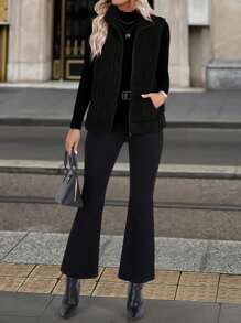 EMERY ROSE Women Casual Zip-Up Stand Collar Vest Jacket, Autumn/Winter - Black - View 6