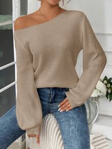SHEIN VCAY Women's Solid Color Oblique Shoulder Long Sleeve Minimalist Sweater, Casual For Daily Wear In Fall/Winter - Khaki - View 4