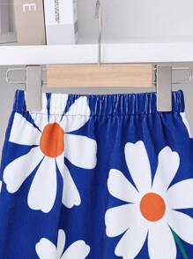 SHEIN 2 pièces/Set Jeune fille Veste bleue à imprimé floral et jupe blanche à fleur bleue, en velours côtelé, chaud et confortable, convient pour l'automne et l'hiver, de mode - Multicolore - Voir 6