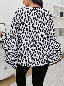Celure Plus Size Elegant Leopard Print Ruffled Flare Sleeve Blouse For Autumn - Black and White - View 2