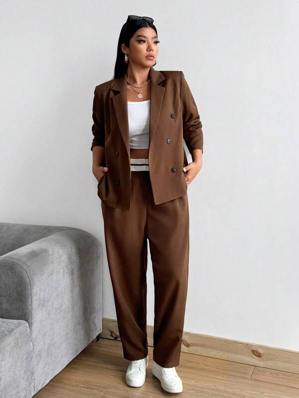 Vionelle Conjunto de 2 piezas de talla grande: Blazer vintage de doble botonadura y pantalones entallados, adecuado para primavera y otoño