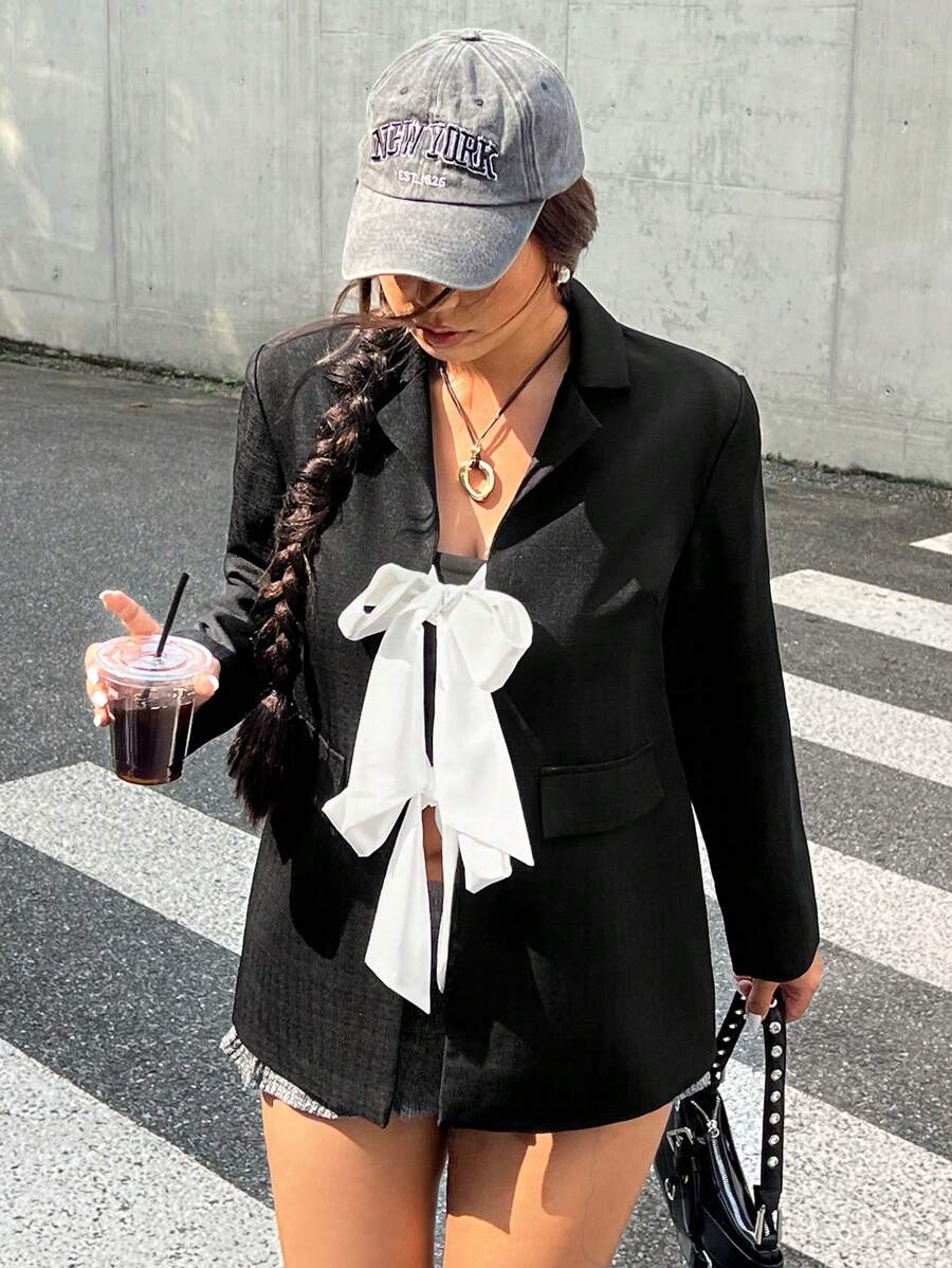 SHEIN EZwear 大码撞色拼布系带前长袖休闲西装外套 - 黑與白 - 查看 1