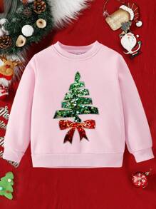 Young Girl Christmas Casual Fashion Cute Cartoon Glitter Bow Christmas Tree Graphic Print Crew Neck Sweatshirt - Pink - View 4