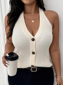 Lounesse Áo len dệt kim cổ chữ V đơn hàng đơn giản cho nữ cỡ lớn, mùa thu/đông - trắng - Xem 2