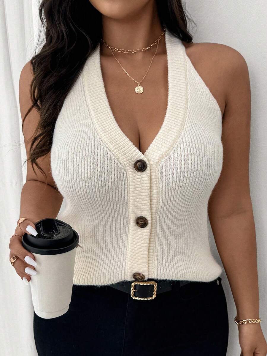 Lounesse Áo len dệt kim cổ chữ V đơn hàng đơn giản cho nữ cỡ lớn, mùa thu/đông