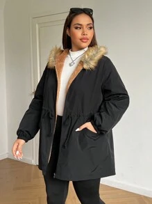 SHEIN EZwear Parka noire doublée polaire grande taille avec col amovible en fausse fourrure, taille cintrée. Manteau ample et ajusté réversible pour l'automne/l'hiver, thermique