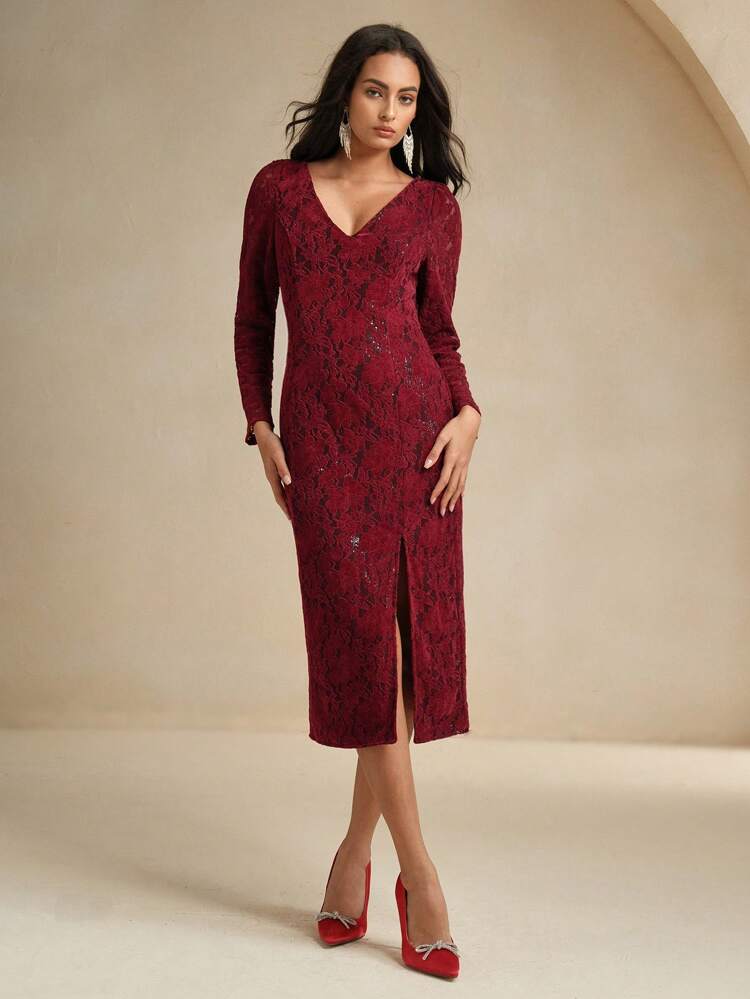 Women Elegant Christmas Lace V-Neck Sequins Embellished Bodycon High Slit Dress