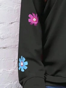 SHEIN LUNE 休闲简约花卉图案宽松圆领长袖运动衫，加大码女款，适合秋冬季 - 黑色 - 查看 3