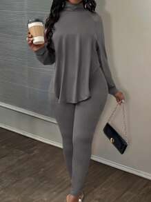 BamGleam 2 件套女士宽松针织粗毛衣和修身长裤套装，秋冬 - 灰色 - 查看 1