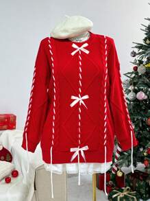 Flirla 大码圣诞节宽松别致蝴蝶结圆领毛衣，时尚显瘦，秋冬针织套头衫 - 紅色 - 查看 8