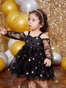 SHEIN Babygirl 圣诞优雅连衣裙，黑色网眼星星装饰无袖和长袖连衣裙，适合派对、聚会、生日 - 黑色 - 查看 6