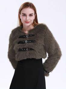 Fashionable Buckle Strap Front Cropped Fuzzy Jacket, Autumn/Winter - Dark Grey - View 5
