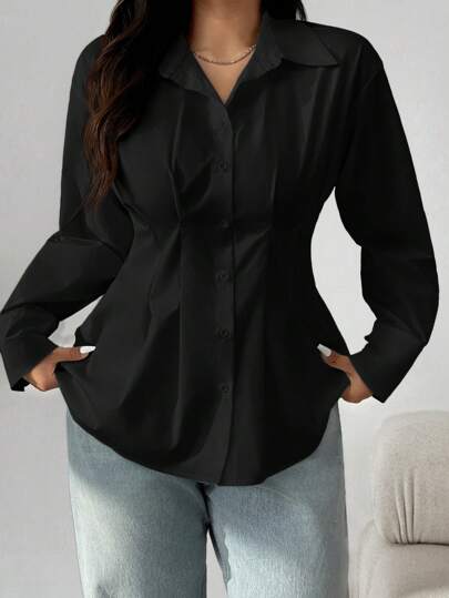 SHEIN EZwear 大码纯色前扣收腰长袖衬衫，秋季休闲风格