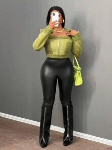 Slaydiva Áo khoác lông thú giả màu xanh quân đội phong cách giản dị thanh lịch mới cho mùa thu đông + Cổ vuông khóa kéo chính giữa phía trước bằng vải Sherpa tổng hợp da lộn cho nữ Áo khoác lông thú giả-A - xanh quân đội - Xem 5