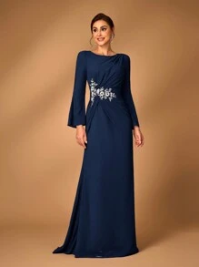 Serin Vestido de mujer elegante de gris y rosa con tela de gasa, cuello redondo, manga larga transparente, detalle de pliegues, apliques de lentejuelas, bajo con cola de pez, adecuado para que las madres asistan a ceremonias de boda, eventos, fiestas y ocasiones formales como madre de la novia