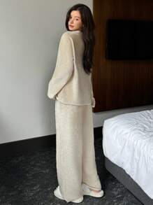 DAZY Embroidered Letter Decor Open Front Flannel Warm Pajama Set, Winter, Fall Winter Clothes