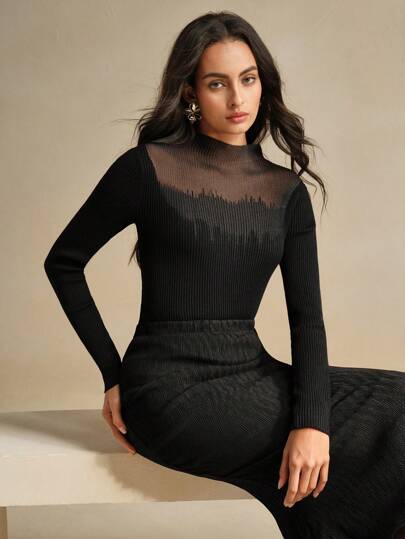 Anewsta Sheer Panel Patchwork Knit Sweater