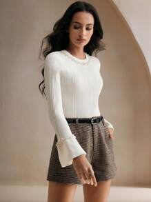 Anewsta 优雅圣诞珍珠装饰圆领修身罗纹喇叭袖女士针织套头衫秋冬款 - 白色 - 查看 6