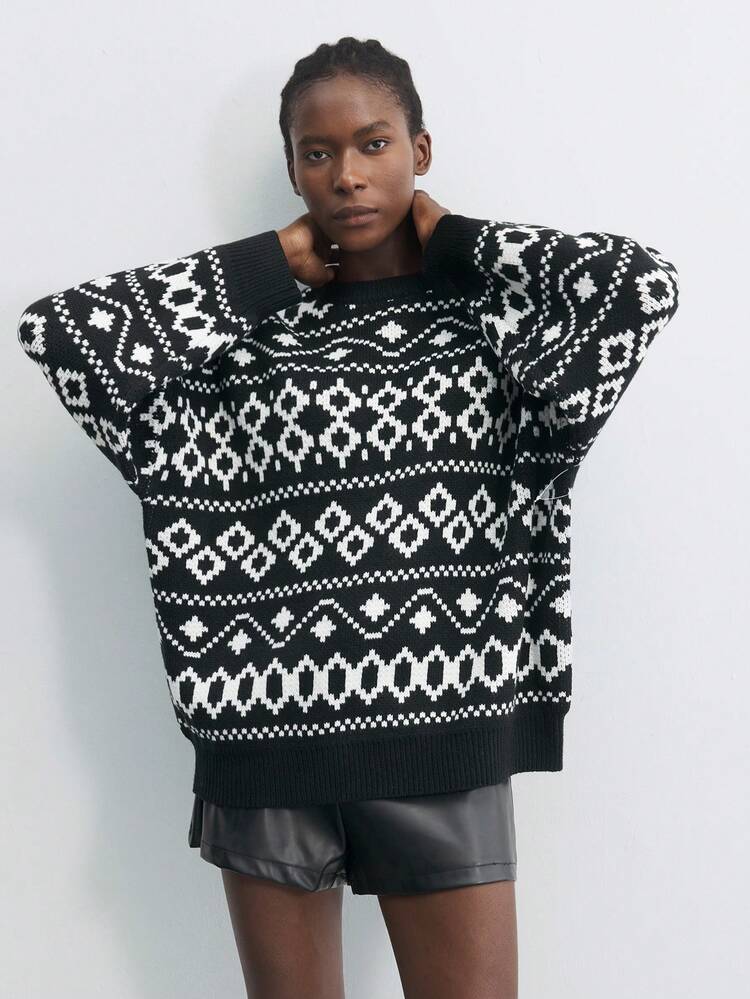 SHEIN Maija Women's Monochrome Geometric Jacquard Dropped Shoulder Long Sleeve Sweater, Suitable For Spring Holidays & Gatherings