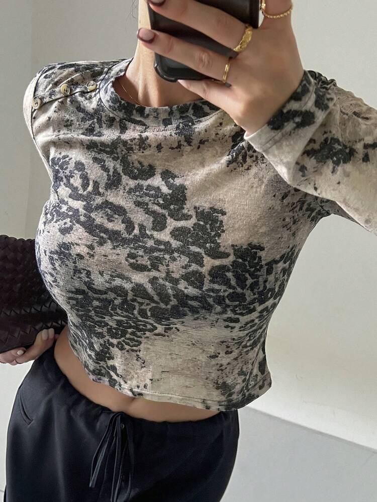Allover Floral Print Fitted Short Round Neck Long Sleeve Women T-Shirt Sheer,Fall Clothes
