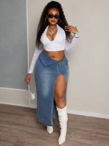 SHEIN SXY 大码高腰不对称破洞牛仔中长裙 - 中等水洗藍 - 查看 1