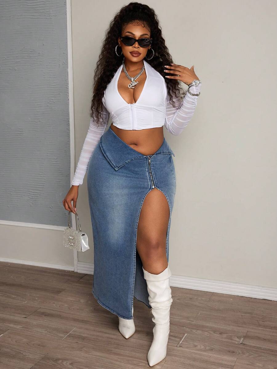 SHEIN SXY 大码高腰不对称破洞牛仔中长裙 - 中等水洗藍 - 查看 1