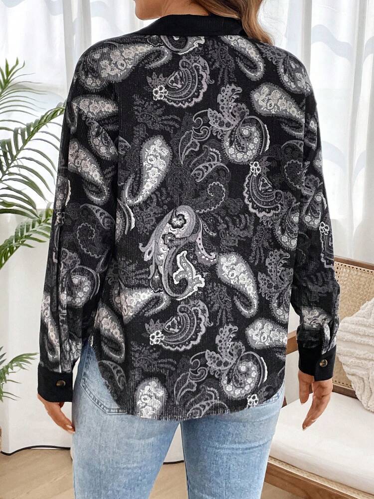 Black Corduroy Patchwork Paisley Pattern Soft Long-Sleeve Jacket