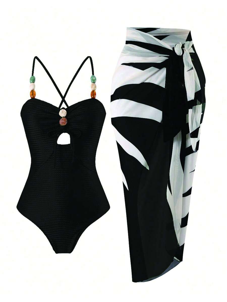 Swim Oasis 女士 2 件/套:镂空连体泳衣和撞色系腰围迷你裙,海滩度假套装夏季 - 黑色 - 查看 1