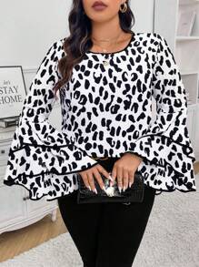 Celure Plus Size Elegant Leopard Print Ruffled Flare Sleeve Blouse For Autumn - Black and White - View 5