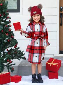 SHEIN Young Girls' Plaid Oversized Drop Shoulder Mid-Length Coat With Belt, Warm And Long Sleeve, Great For Casual & Daily Wear & School Daily In Autumn & Winter, For Christmas, Party Wear, Fashion Girls - Multicolor - View 8