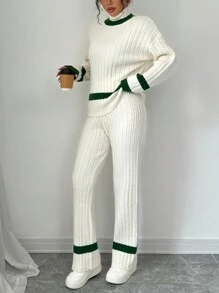 Chiquease 2pcs Set: Contrast Color Splicing Turtleneck Long Sleeve Sweater And Casual Pants, Simple Style Fall Cloth For Women - Multicolor - View 3