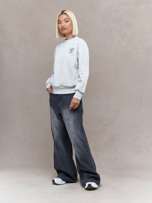 SHEINxLarissa&André MISSGUIDED Embroidered Logo Drop Shoulder Sweatshirt,Long Sleeve Tops