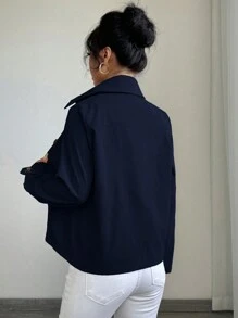 Chiquease 女士休闲宽松直筒短款飞行员夹克 - 藏蓝色 - 查看 2