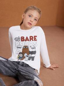 We Bare Bears X SHEIN Tween Girl 白色卡通可爱休闲熊字母印花长袖 T 恤 - 白色 - 查看 8