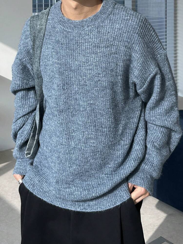 Casual Men's Crew Neck Drop Shoulder Long Sleeve Sweater, Solid Blue, Autumn