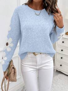 EMERY ROSE Women's Casual Floral Pattern Round Neck Dropped Shoulder Long Sleeve Sweater For Autumn/Winter Knit Pullover Fall - Baby Blue - View 5