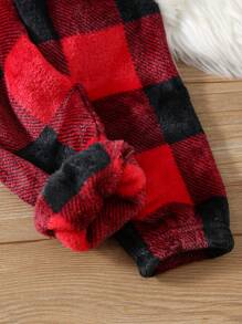 SHEIN 2 件装年轻男孩休闲格子图案口袋圆领长袖睡衣套装和格子睡裤，柔软舒适法兰绒服装，适合秋冬季 - 黑色 - 查看 3