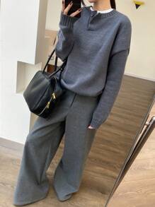 DAZY Women's Solid Color Button Front Half Placket Long Sleeve Casual Pullover Sweater, Autumn/Winter - Grey - View 3