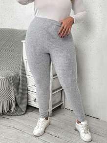 SHEIN VCAY 秋季大码弹力纯色紧身打底裤 - 灰色 - 查看 6