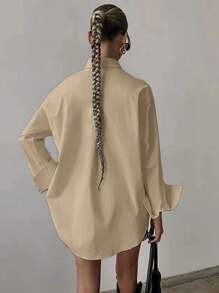 QIANZHIDU Elva Women's Slogan Print Long Sleeve Single-Breasted Casual Loose Shirt, Women's Solid Color Loose Long Sleeve Business Interview Commute Casual Minimalist Shirt, Back To School Graduation Season Office Spring Summer Autumn Clothing, Valentine's Day, New Year Outfit - Khaki - View 7