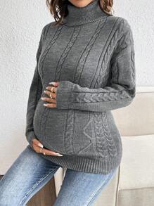 SHEIN Pregnant Women Casual Solid Color High Neck Aran Knit Drop Shoulder Long Sleeve Sweater, Sweater For Autumn/Winter, For Maternity - Dark Grey - View 4
