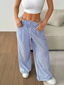 Flirla 条纹印花纸袋腰休闲直筒裤 - 藍色 - 查看 1