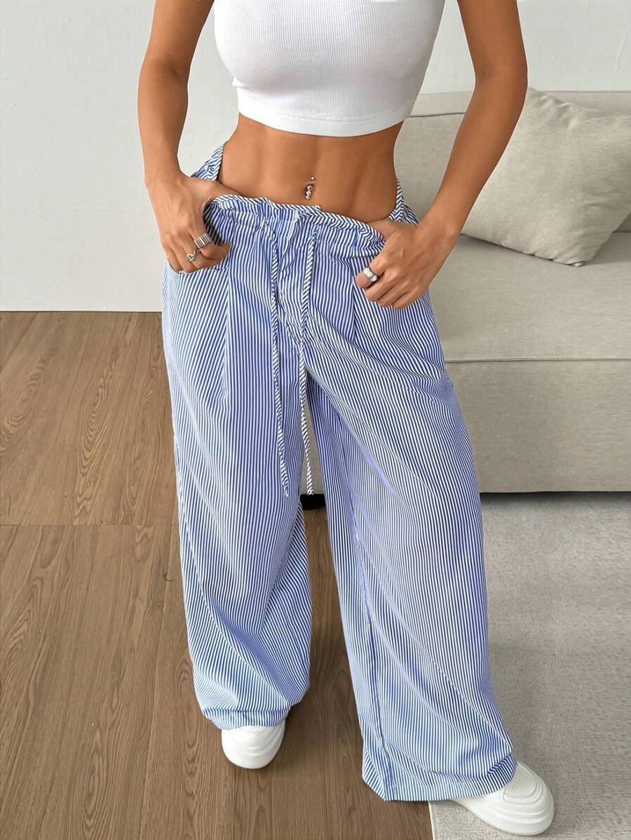 Flirla 条纹印花纸袋腰休闲直筒裤 - 藍色 - 查看 1